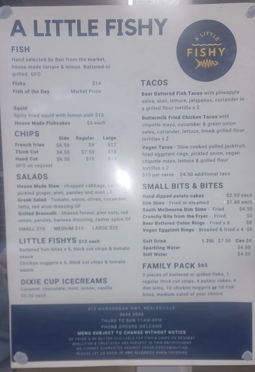 Menu, A Little Fishy Healesville
