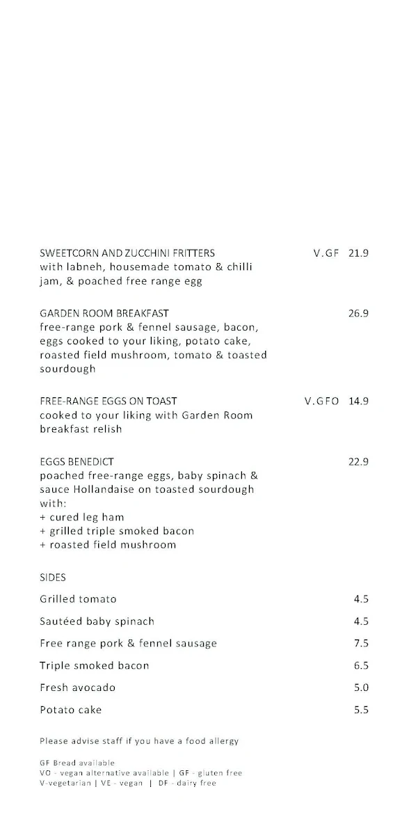 Menu, The Garden Room