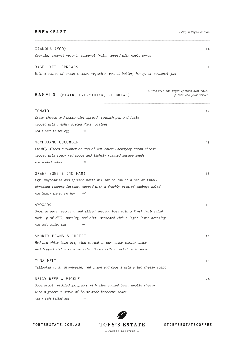 Menu, Toby's Estate Coffee Roasters Melbourne