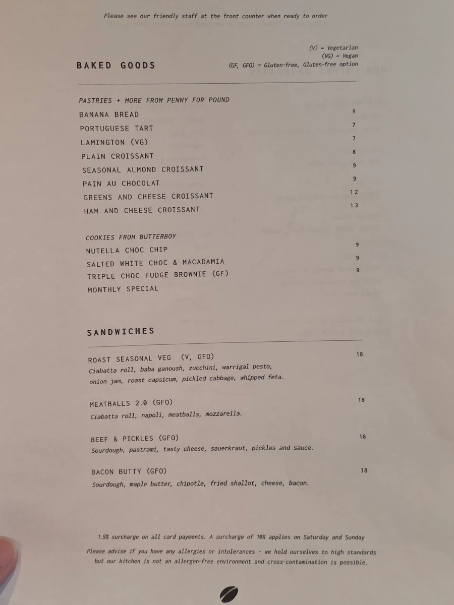 Menu, Toby's Estate Coffee Roasters Melbourne
