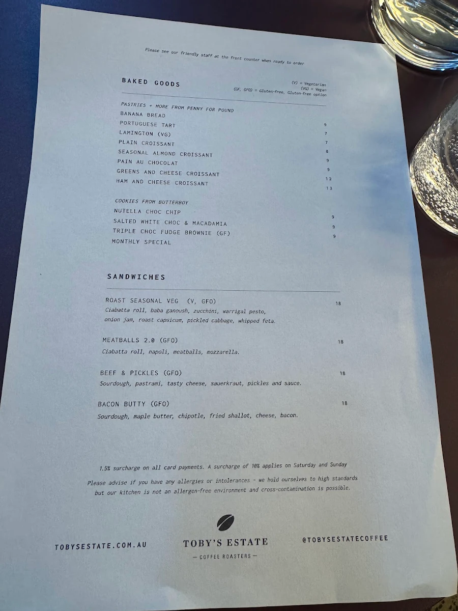 Menu, Toby's Estate Coffee Roasters Melbourne