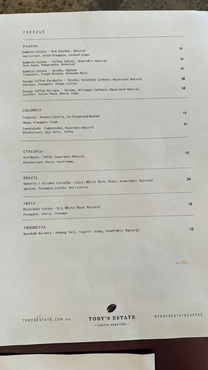 Menu, Toby's Estate Coffee Roasters Melbourne