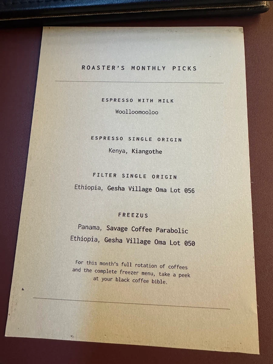Menu, Toby's Estate Coffee Roasters Melbourne