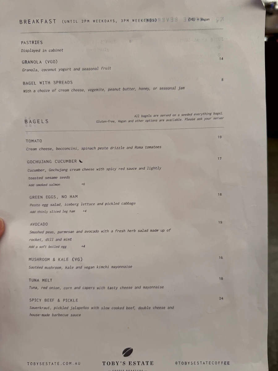 Menu, Toby's Estate Coffee Roasters Melbourne