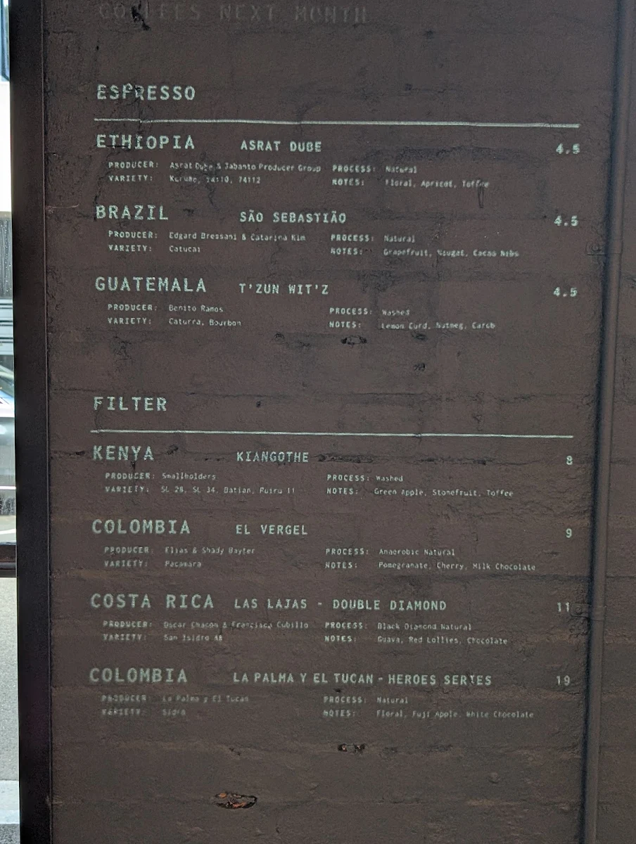 Menu, Toby's Estate Coffee Roasters Melbourne