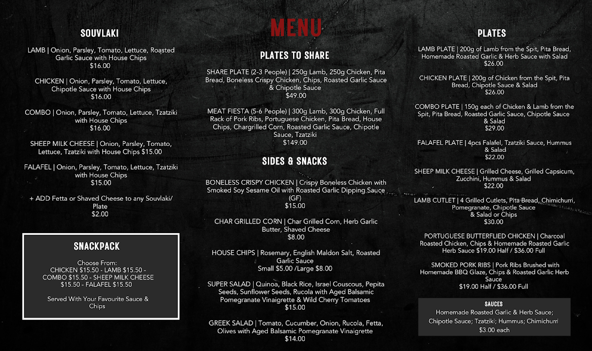 Menu, The Charcoal Hub