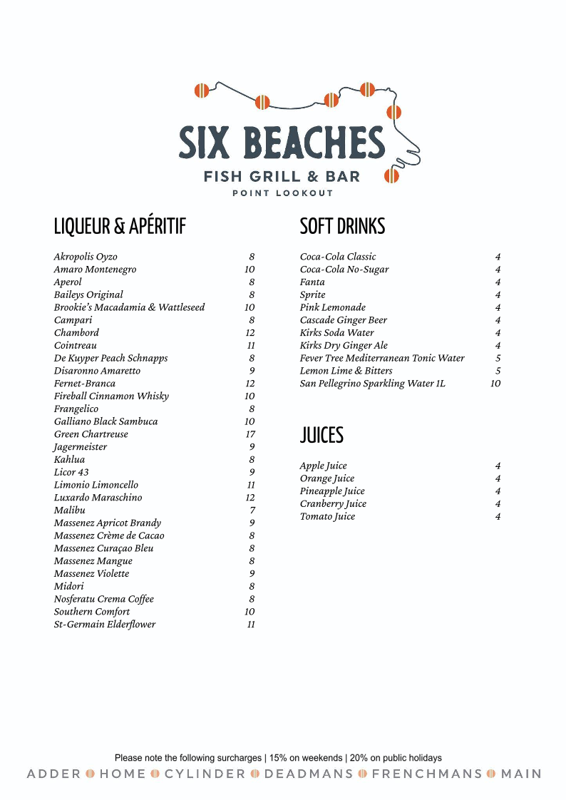 Menu, Six Beaches Fish Grill and Bar