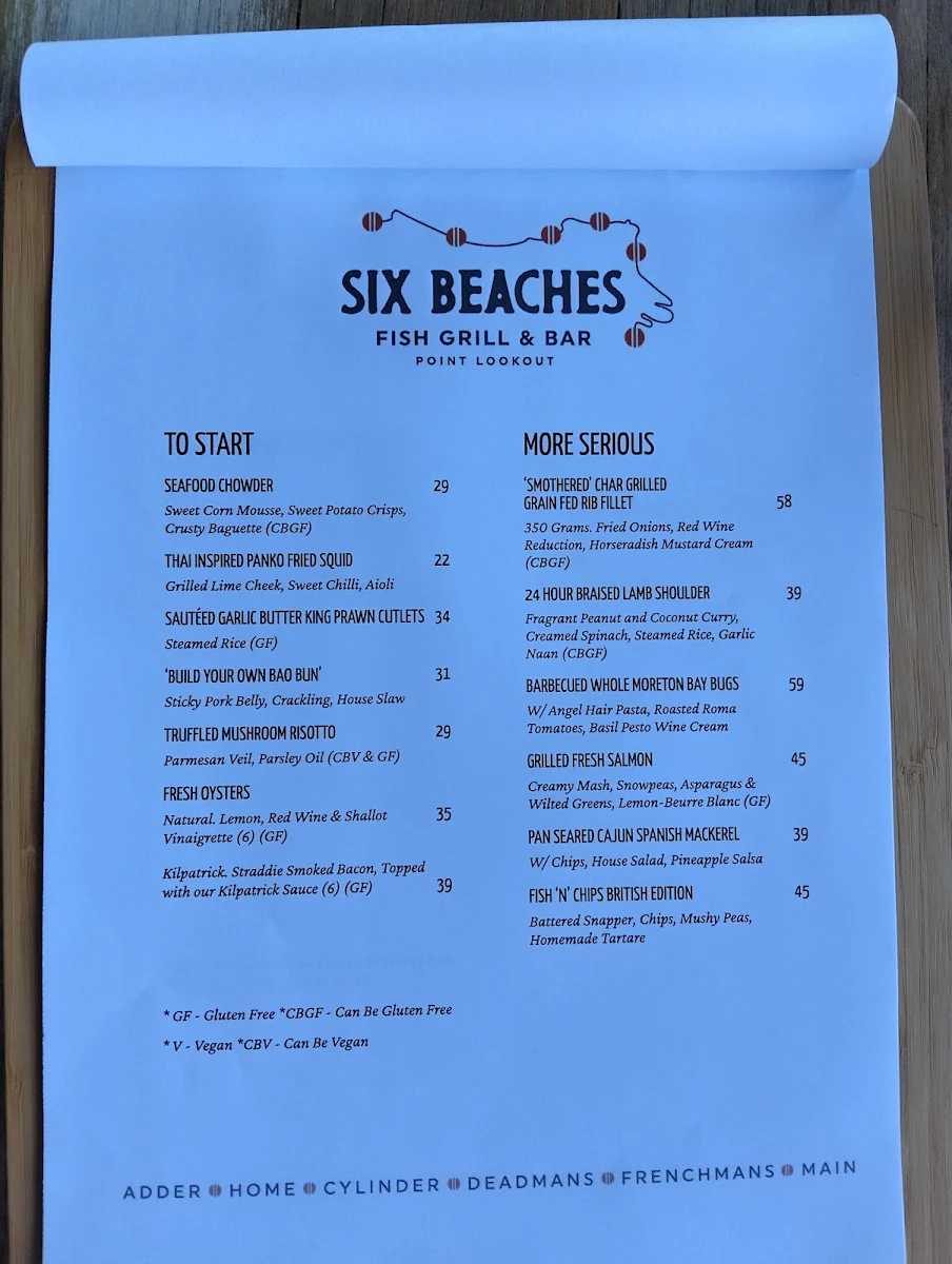 Menu, Six Beaches Fish Grill and Bar
