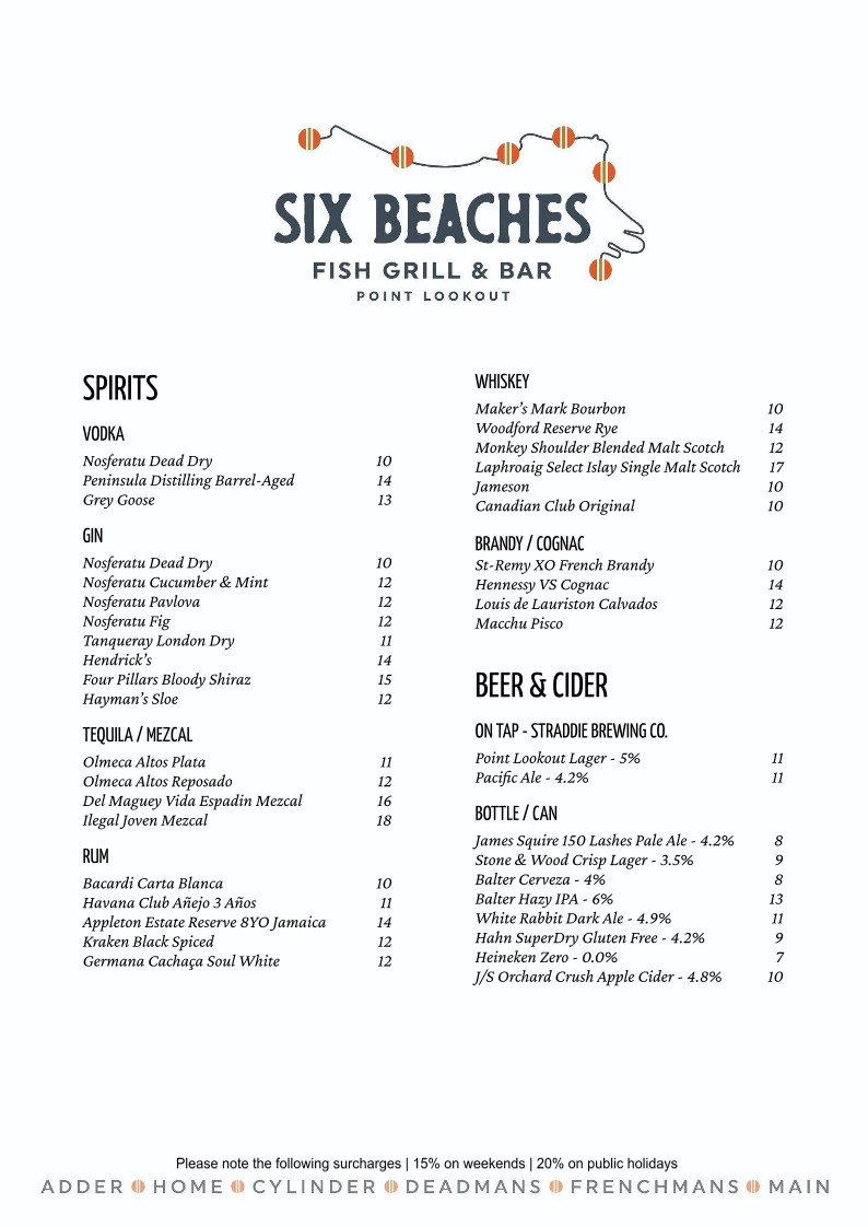Menu, Six Beaches Fish Grill and Bar