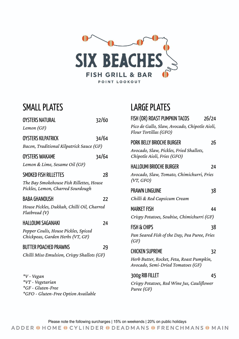 Menu, Six Beaches Fish Grill and Bar