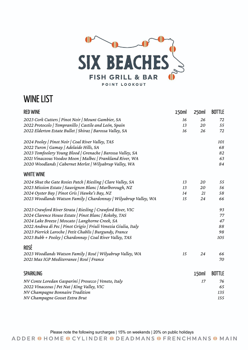 Menu, Six Beaches Fish Grill and Bar