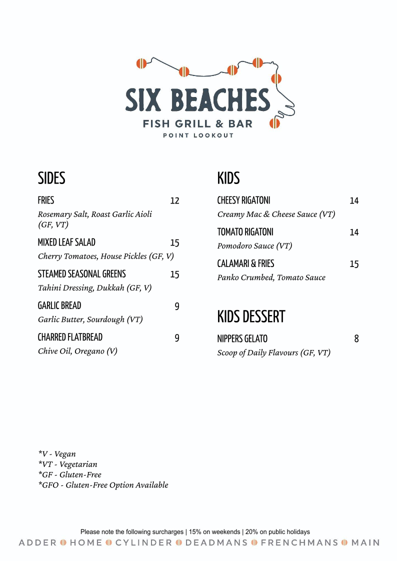 Menu, Six Beaches Fish Grill and Bar
