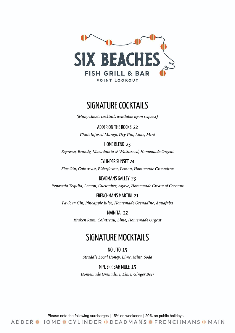 Menu, Six Beaches Fish Grill and Bar