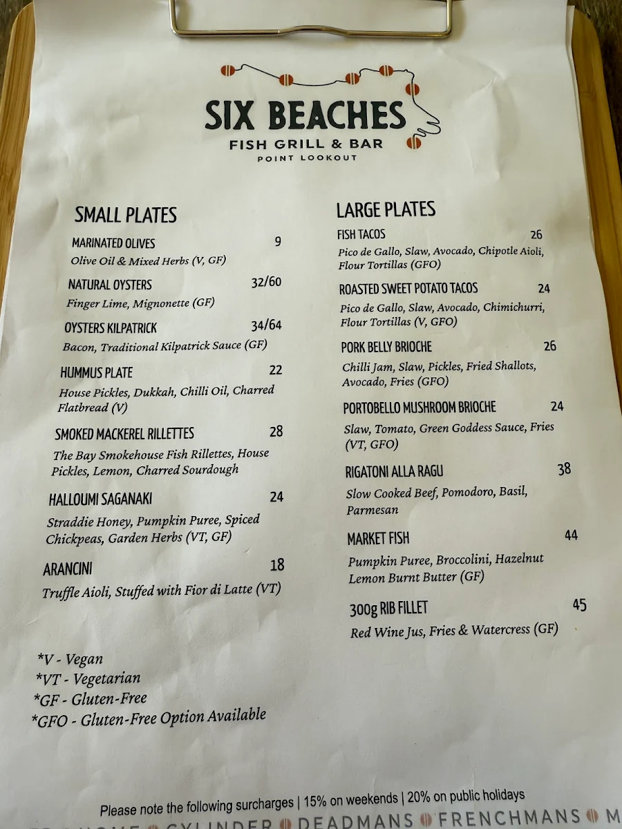 Menu, Six Beaches Fish Grill and Bar