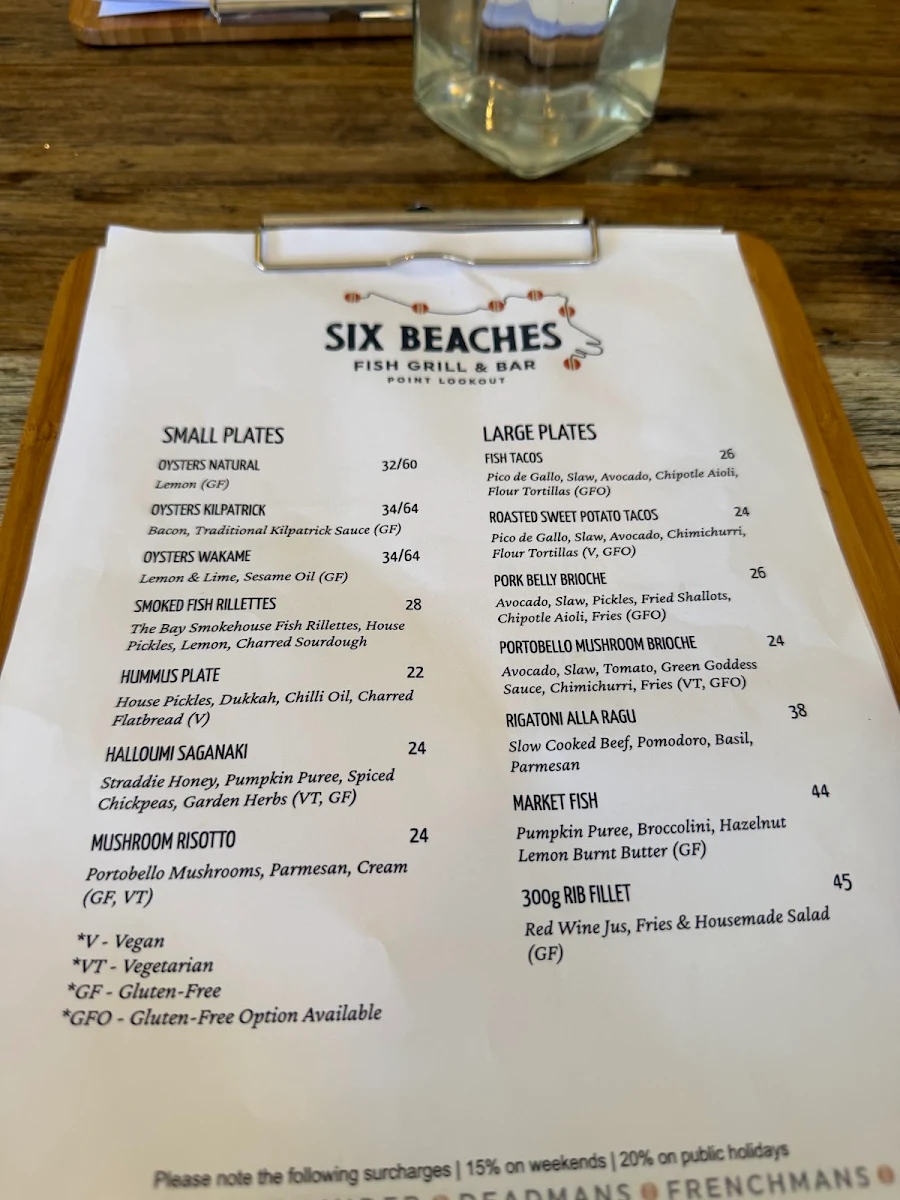 Menu, Six Beaches Fish Grill and Bar