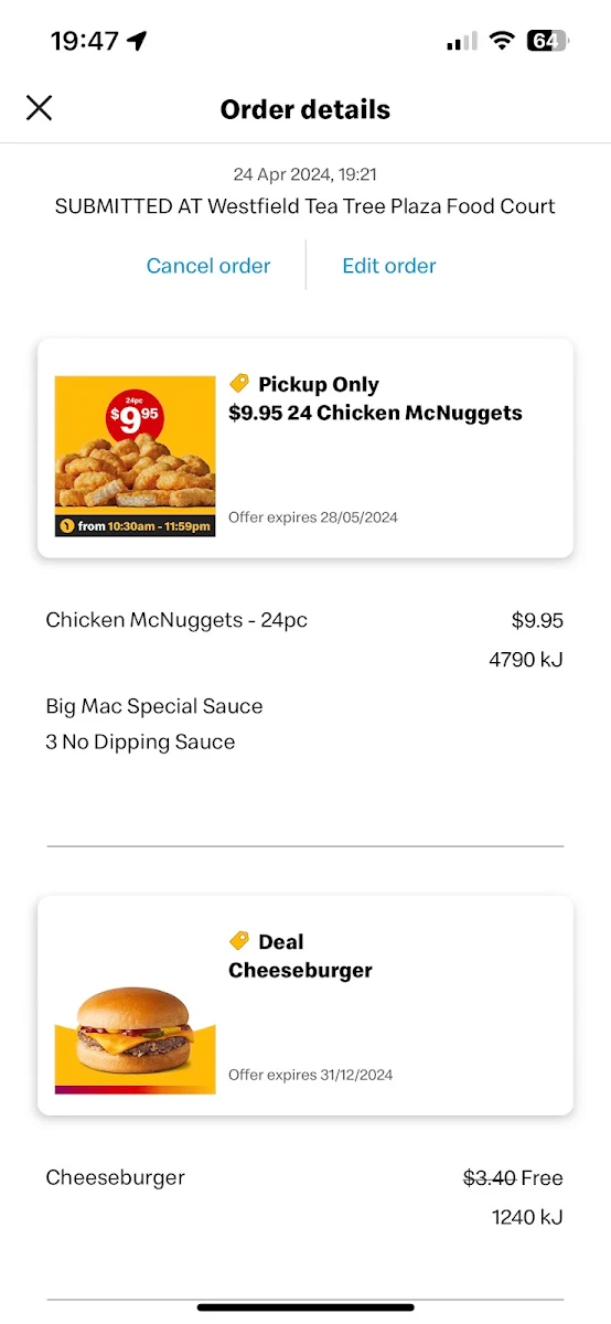 Menu, McDonald's Tea Tree Plaza II