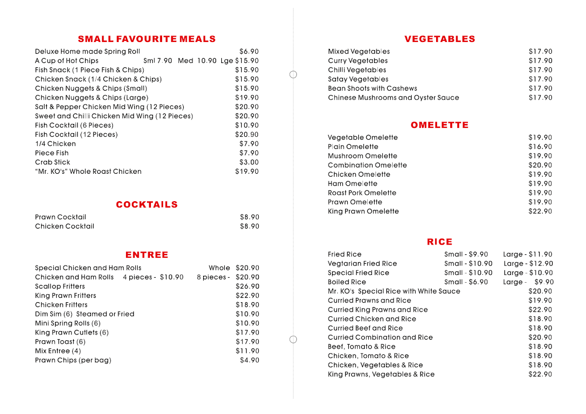 Menu, Mr Ko 100 Chinese Restaurant Liverpool