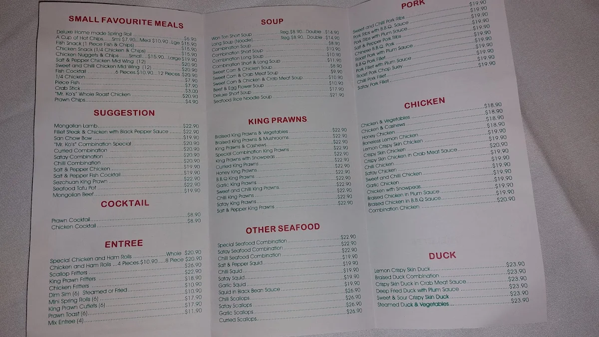 Menu, Mr Ko 100 Chinese Restaurant Liverpool