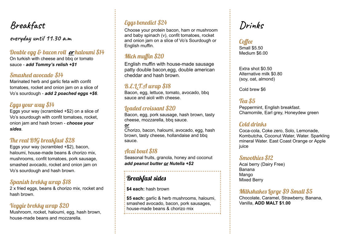 Menu, Fernleigh Cafe