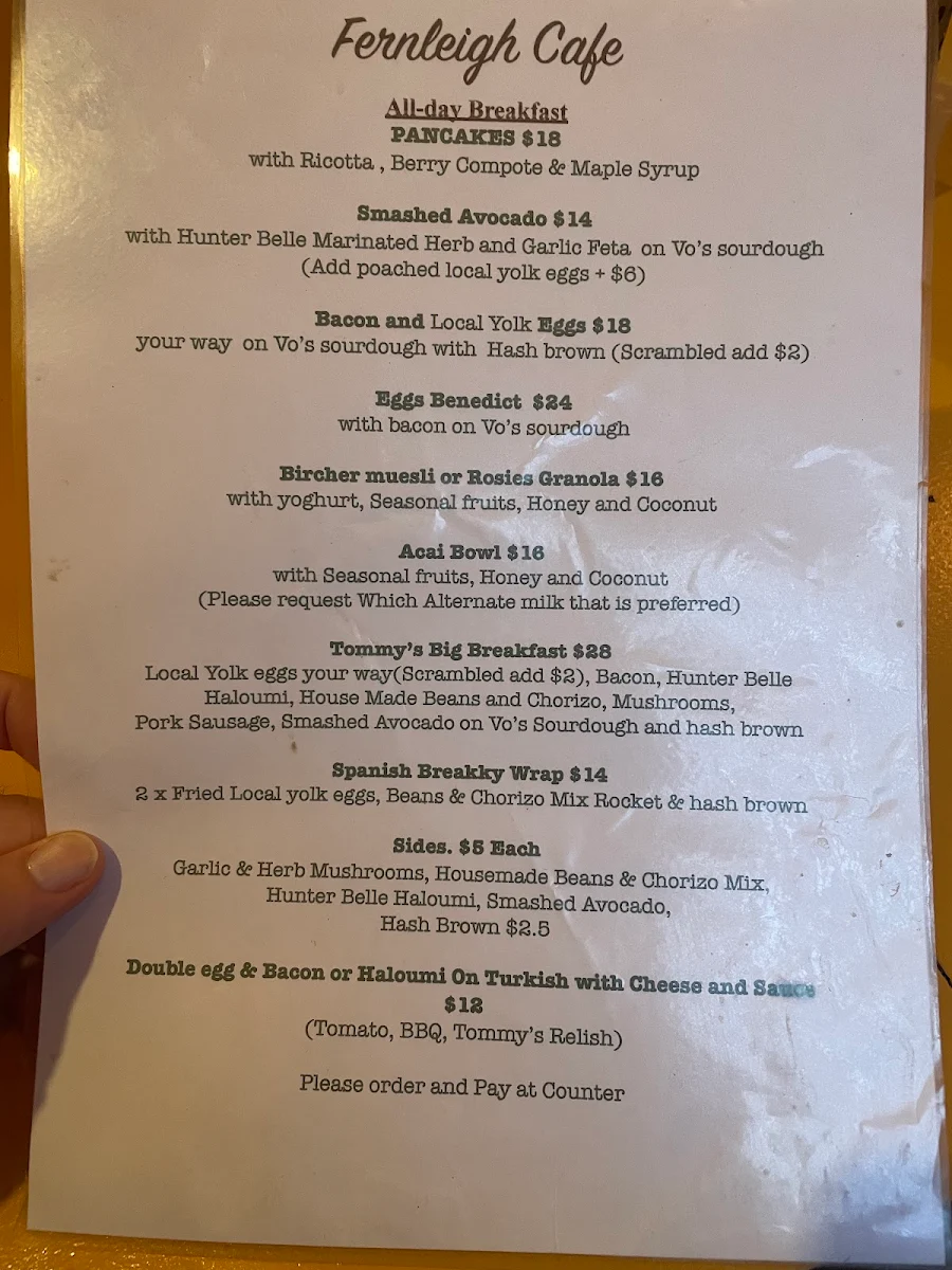 Menu, Fernleigh Cafe