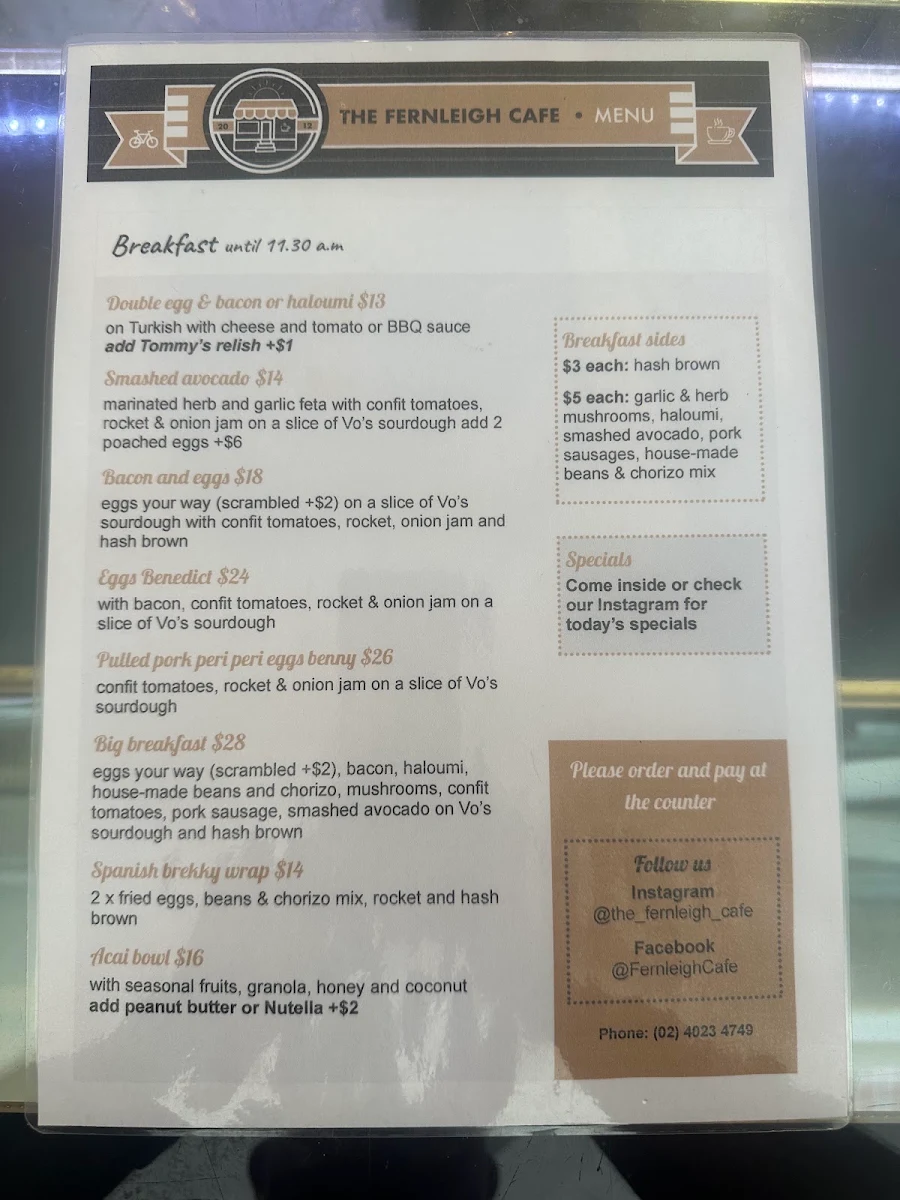 Menu, Fernleigh Cafe