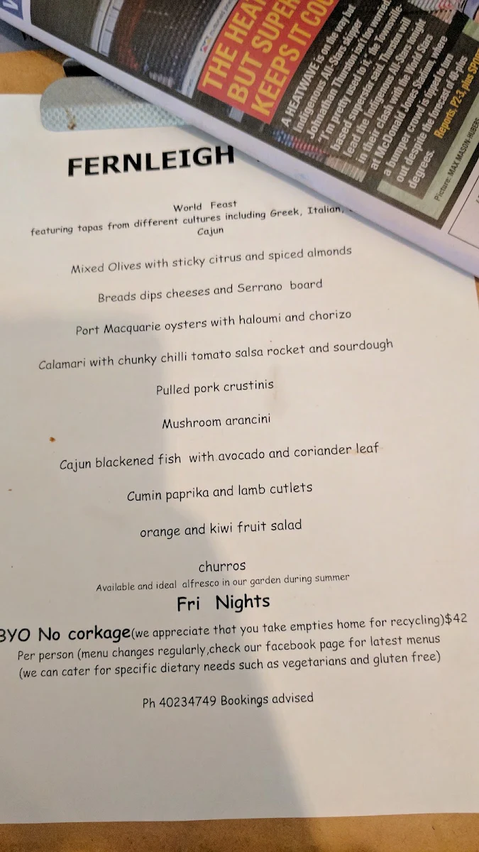 Menu, Fernleigh Cafe