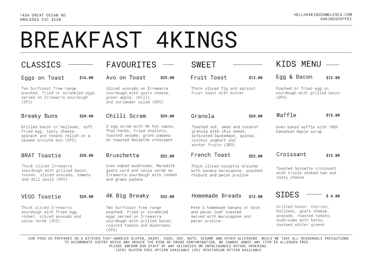 Menu, 4 Kings Anglesea