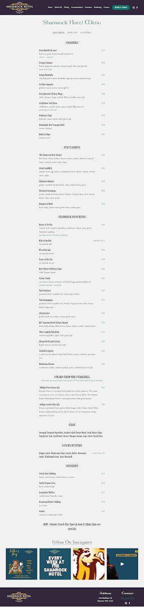 Menu, Shamrock Hotel & Accommodation Kyneton
