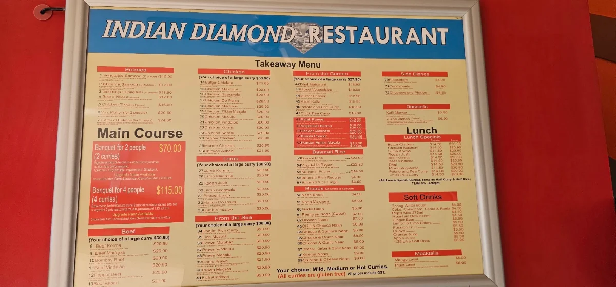 Menu, Indian Diamond Restaurant