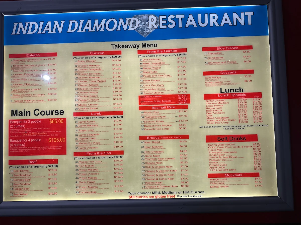 Menu, Indian Diamond Restaurant