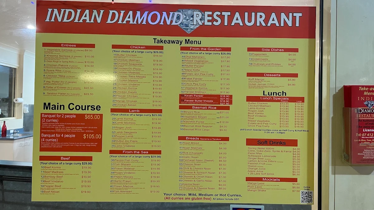 Menu, Indian Diamond Restaurant