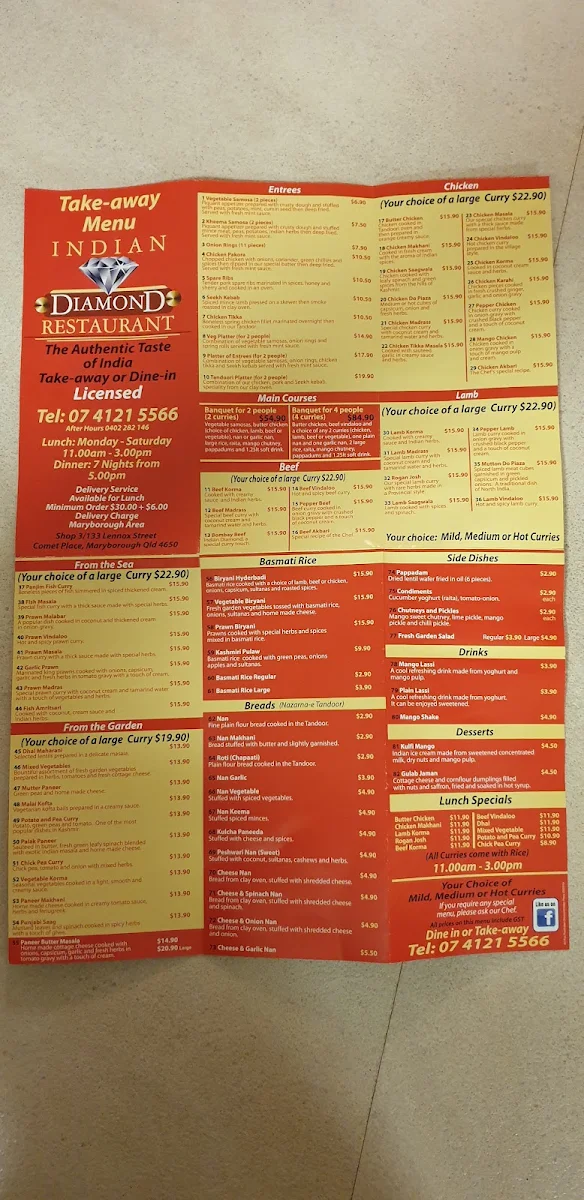 Menu, Indian Diamond Restaurant