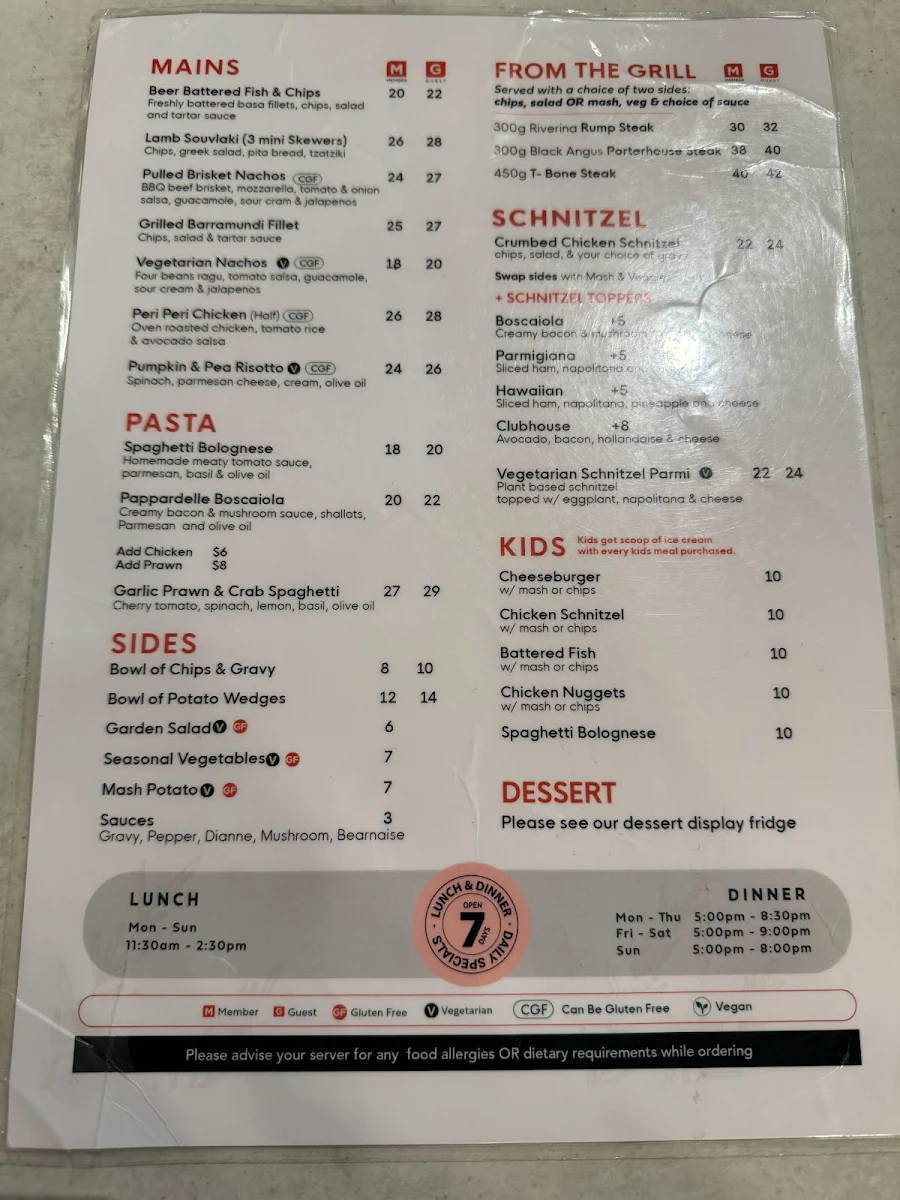 Menu, Club Austral