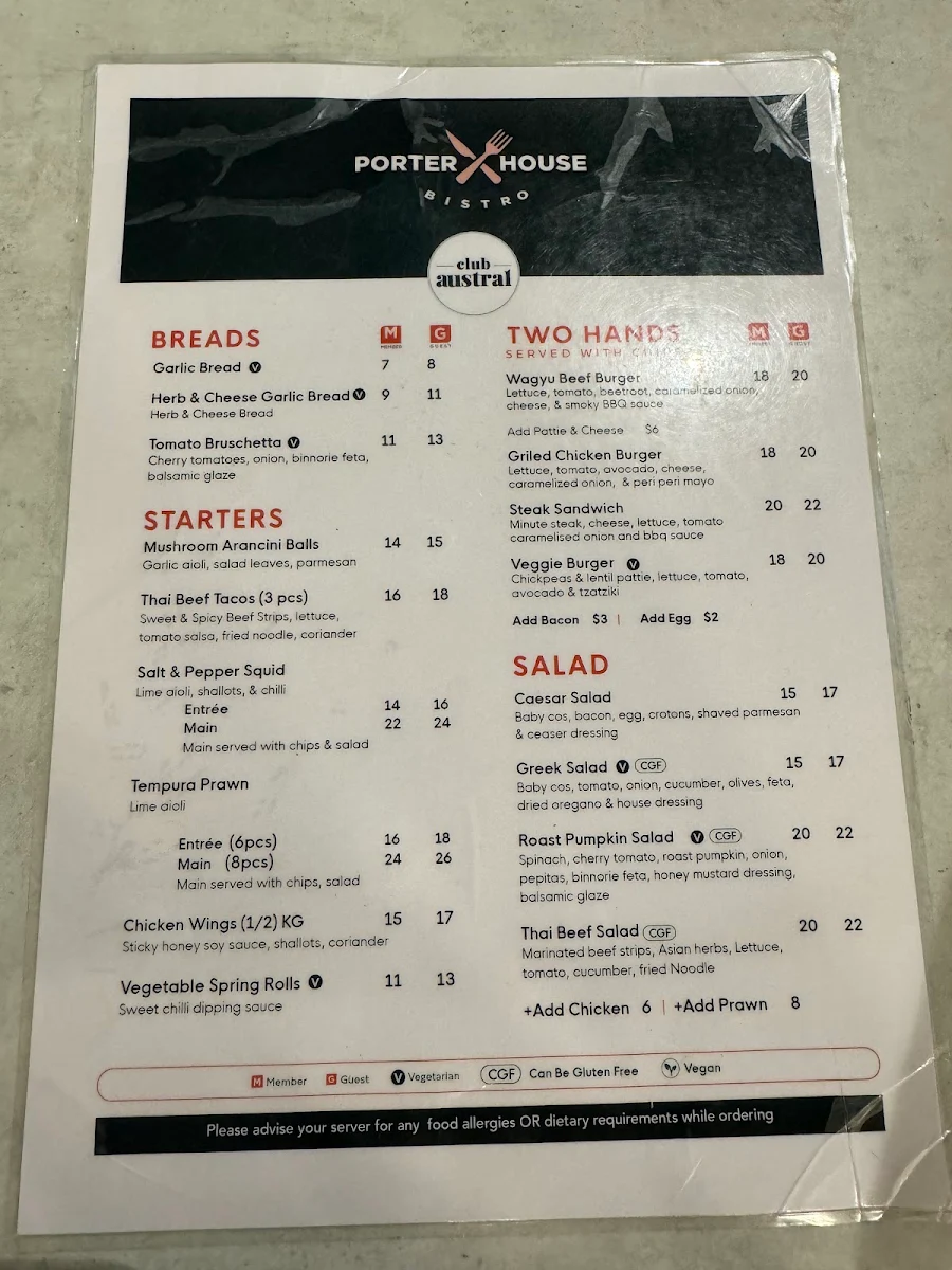 Menu, Club Austral