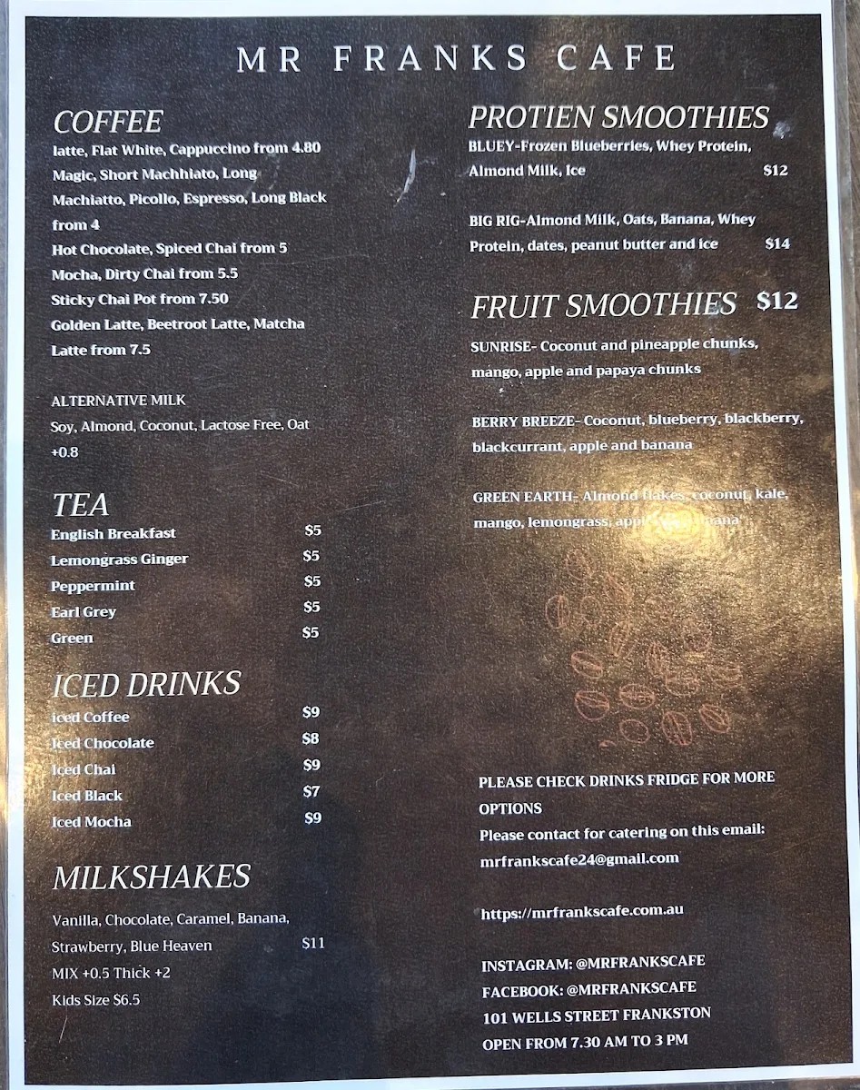 Menu, Mr Frank's Cafe