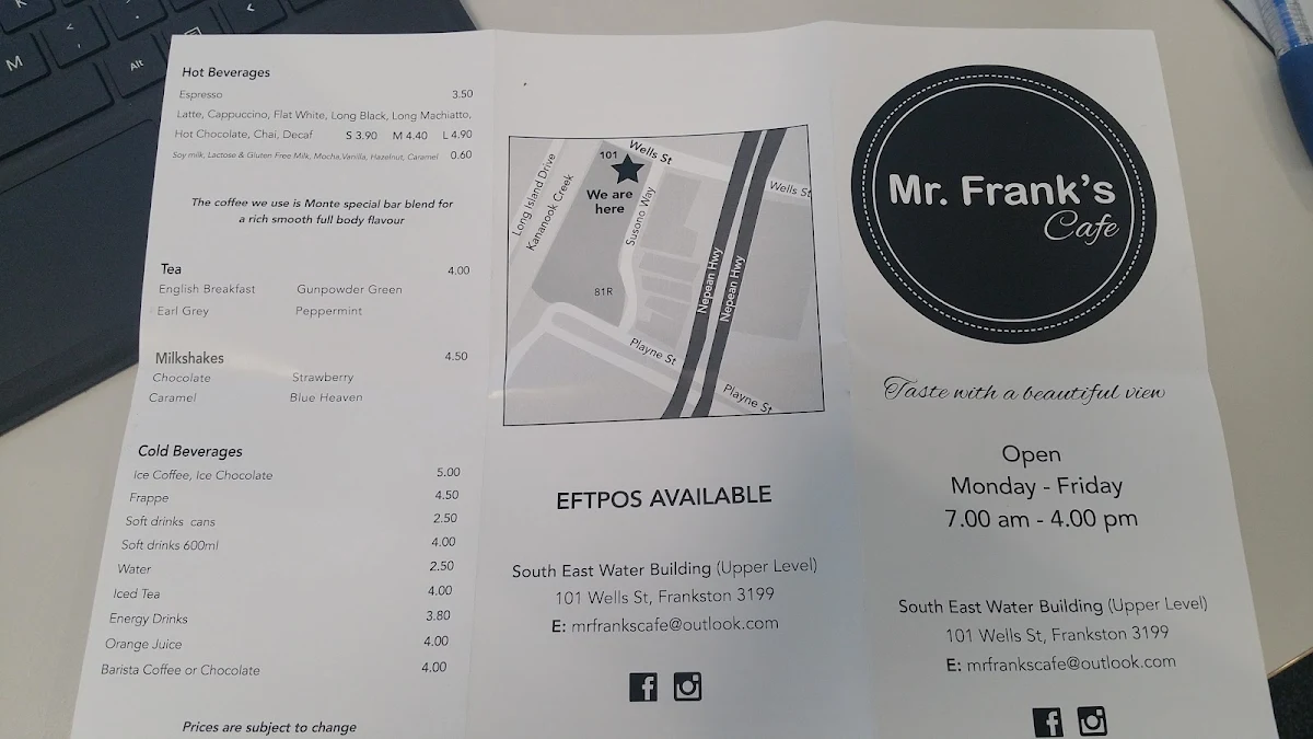 Menu, Mr Frank's Cafe