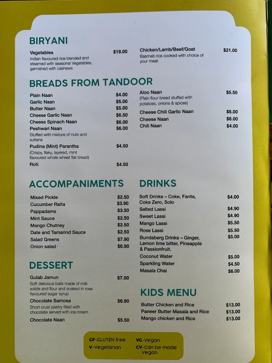 Menu, The Heritage Dining Indian Restaurant