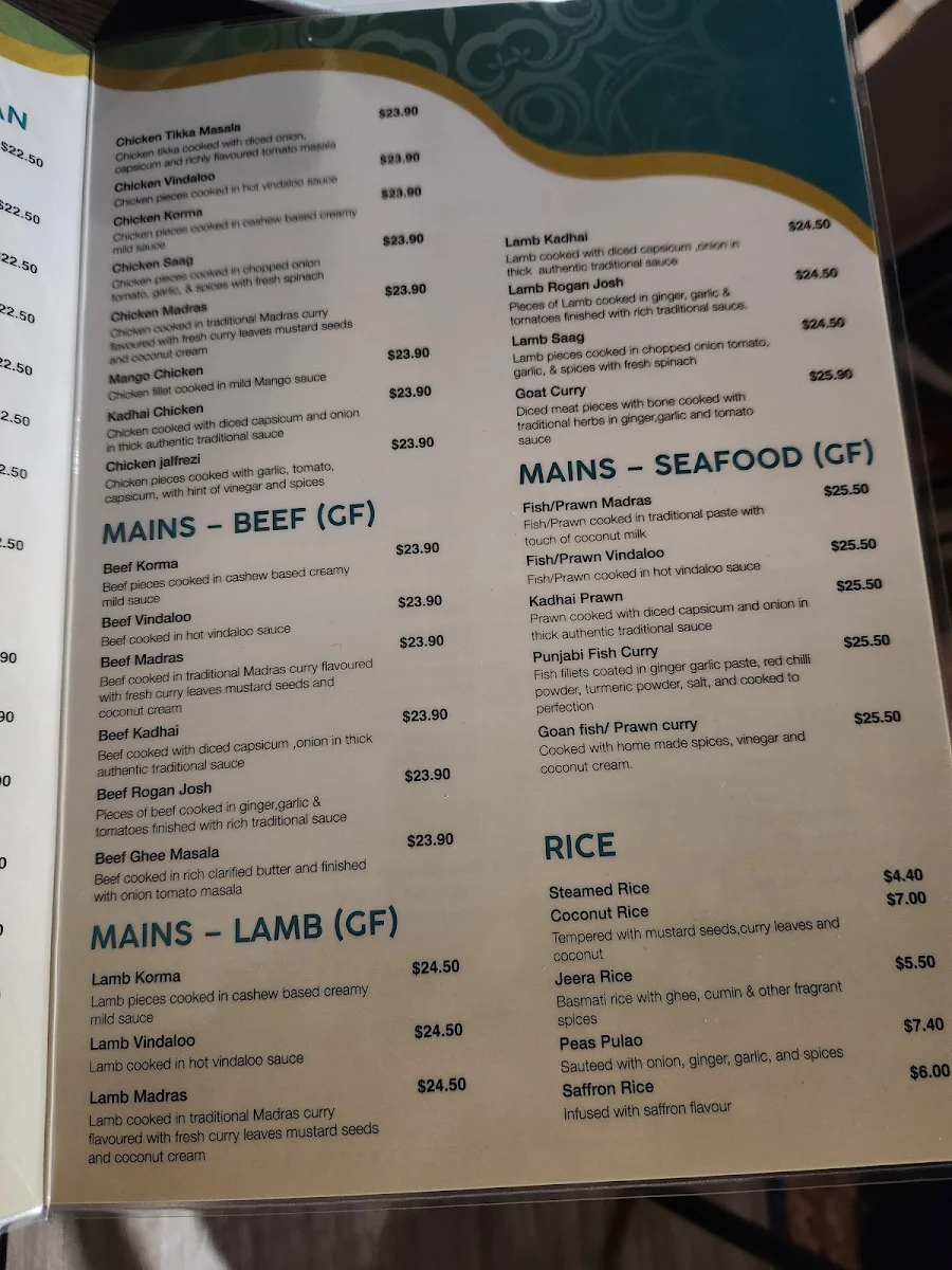 Menu, The Heritage Dining Indian Restaurant
