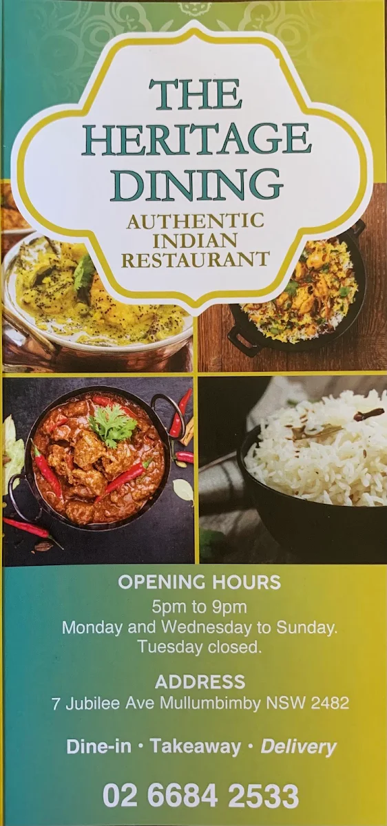 Menu, The Heritage Dining Indian Restaurant