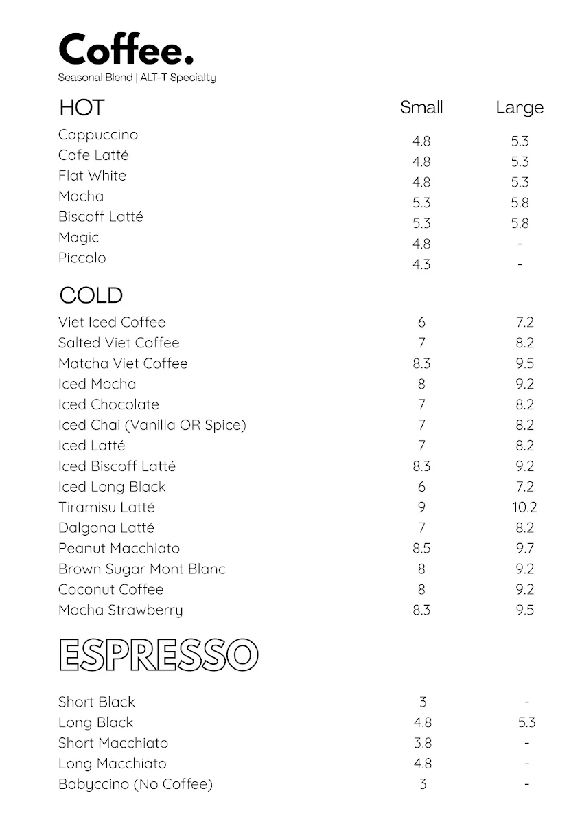 Menu, Kuuki Cafe