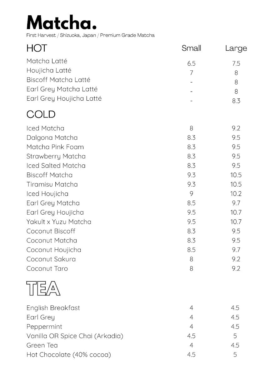 Menu, Kuuki Cafe