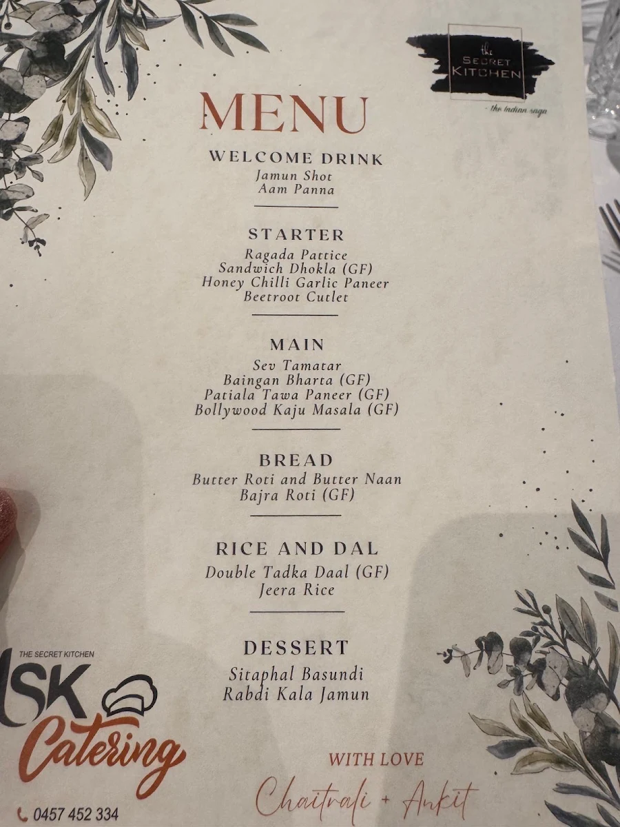 Menu, The Secret Kitchen - The Indian Saga