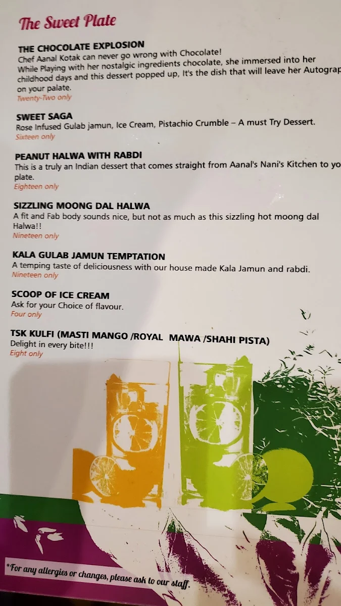 Menu, The Secret Kitchen - The Indian Saga