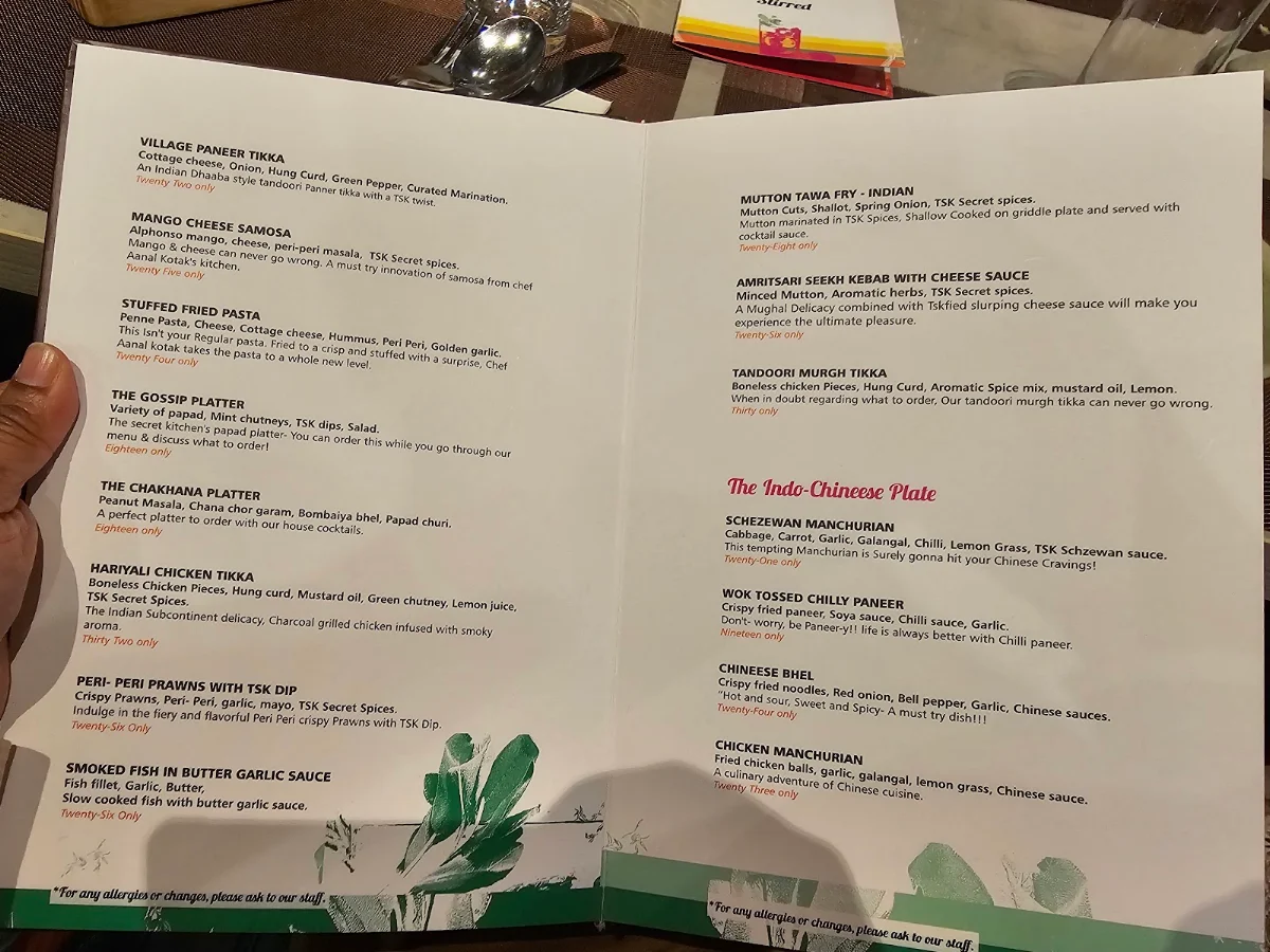 Menu, The Secret Kitchen - The Indian Saga