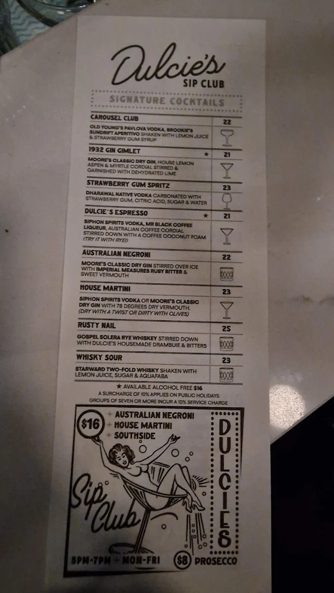 Menu, Dulcie's Kings Cross