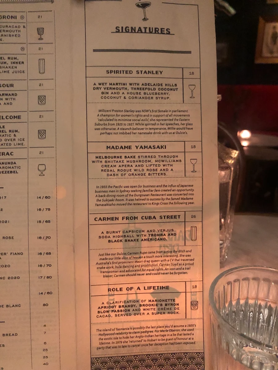 Menu, Dulcie's Kings Cross
