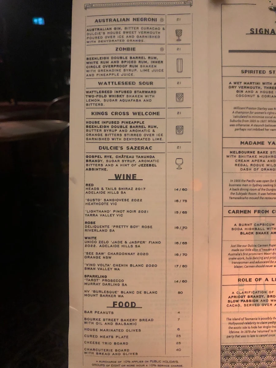 Menu, Dulcie's Kings Cross