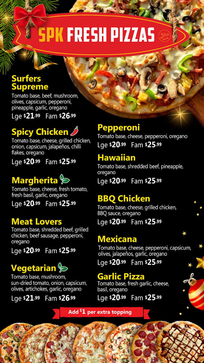 Menu, Surfers Pizza Kebab (SPK Cavill)
