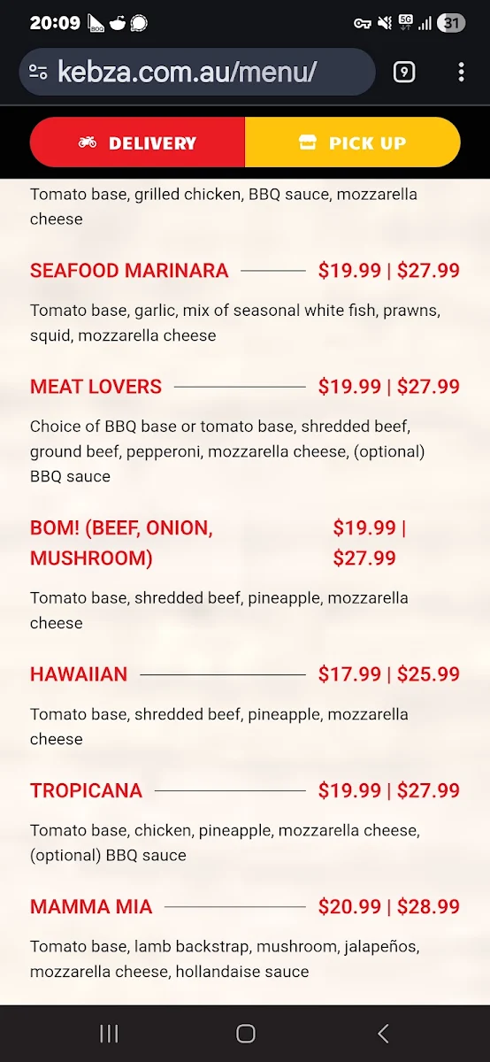 Menu, Surfers Pizza Kebab (SPK Cavill)