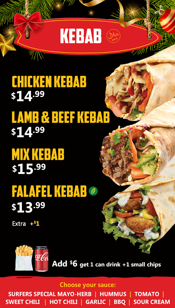 Menu, Surfers Pizza Kebab (SPK Cavill)